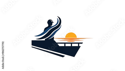 A silhouette of a ship with a person wearing a hardhat, sun setting over the water, and stylized waves in blues