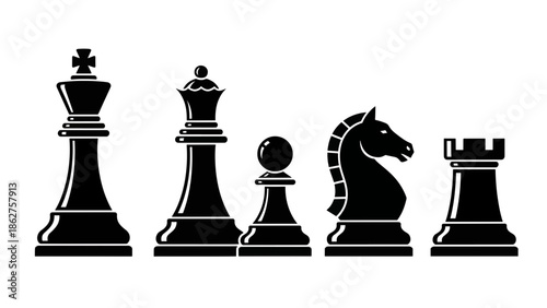 A simple, black-and-white illustration of several chess pieces, including a king, queen, pawn, knight, and rook, against a white background