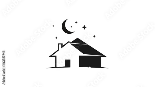 A simple, black-and-white vector illustration features a house silhouette, crescent moon, and stars, evoking a nighttime scene