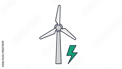 A simple, flat illustration features a wind turbine with three blades and a lightning bolt icon, set against a plain white background