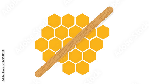 A simple, flat illustration of a honeycomb with a wooden dipper diagonally crossing over it, on a white background