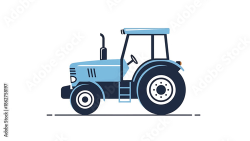 A simple, flat illustration of a light blue tractor. The vehicle has dark blue details, a roof, large tires, and a smokestack