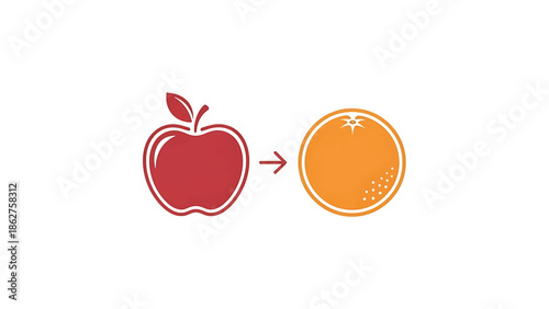 A simple graphic depicts a red apple transitioning into an orange. An arrow connects the two fruits. The image has a clean, minimalist aesthetic