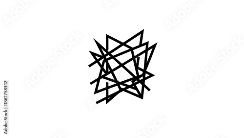 A simple graphic in black against a white background, featuring a jumble of straight, connected lines that intertwine, creating an abstract shape