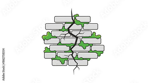 A simple graphic of a brick wall design with a crack running through it, some green plant life. White background