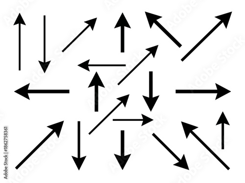 A collection of various black arrows pointing in different directions on a white background, representing multiple directions and choices, UI icons set
