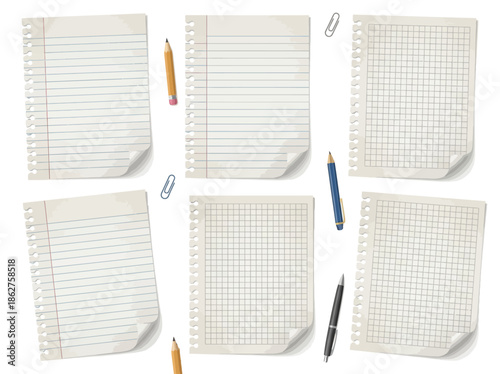 Collection of blank notepads with pens and paperclips on a white background