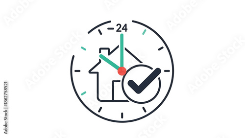 A simple icon featuring a house shape within a clock, with hands pointing to the hour of 24, along with a checkmark