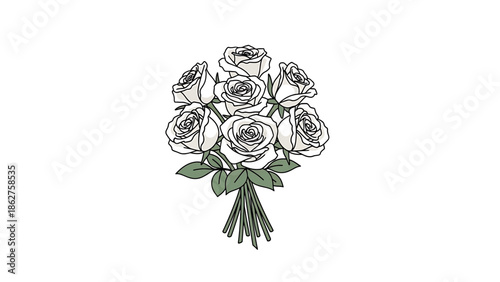 A simple, illustrated bouquet of white roses with green leaves and stems against a stark white background. The image is clean
