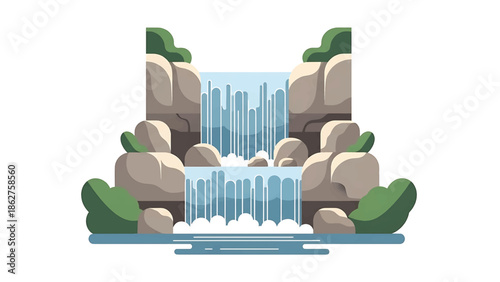 A simple, illustrated cascade descends through rocky formations, surrounded by lush foliage, evoking a sense of tranquility. The water flows into a still pool