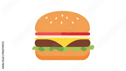 A simple, illustrated hamburger. The burger features sesame seeds on the bun, a tomato slice, cheese, a patty, and lettuce. The overall design is flat and graphic