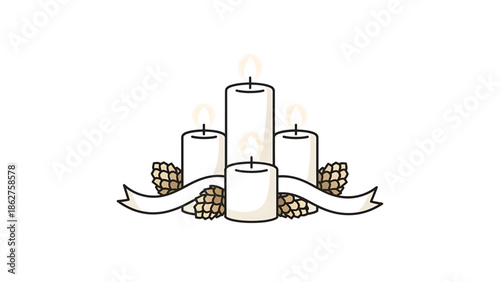 A simple, illustrated design featuring four lit candles of varying heights. They are arranged, with pine cones and a white banner. The candles are outlined in black with a white background