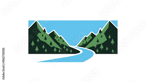 A simple, illustrated landscape with mountains, trees, and a river flowing through the center, all enclosed in a rectangular frame