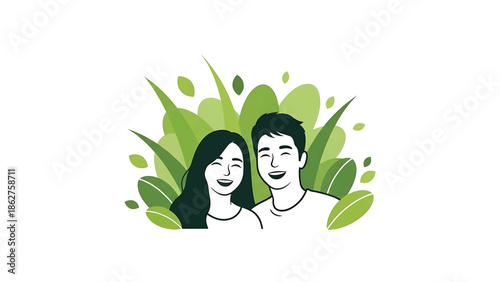 A smiling couple, depicted in minimalist style with a leafy green backdrop on white, conveying happiness and harmony