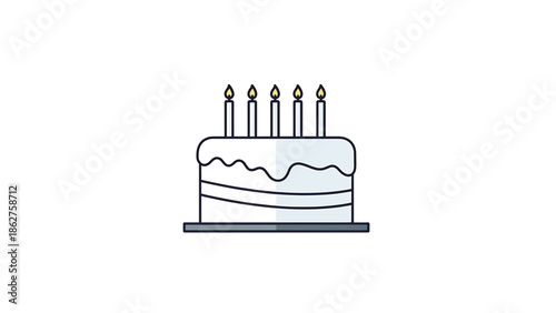 A simple illustration of a layered cake, adorned with five lit candles, placed on a simple base, presented against a white background