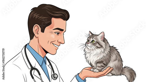A smiling doctor in a white coat holds a fluffy cat. They are looking at each other. The background is white
