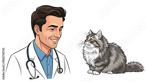 A smiling doctor in a white coat with a stethoscope looks towards a fluffy gray cat, likely at a veterinary clinic. The cat gazes upward