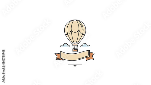 A simple, cartoon illustration shows a hot air balloon with clouds, ribbon banner, and decorative line, set against a white background
