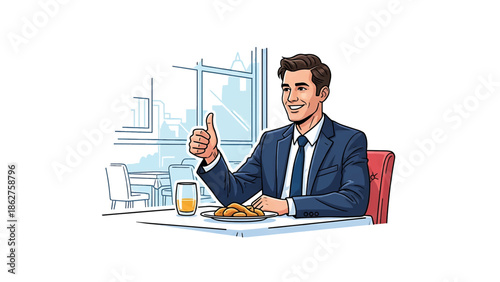 A smiling man in a suit gives a thumbs up at a restaurant table with food, juice, and a cityscape view. He looks satisfied and happy