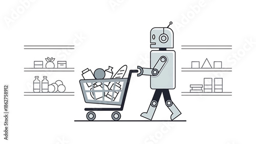 A simple illustration of a robot pushing a shopping cart filled with groceries. Shelves with produce line the background