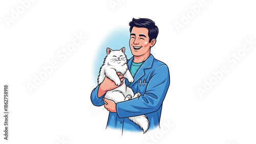 A smiling person in a blue coat holds a fluffy white cat. The illustration is colorful with a clean, vibrant style