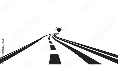 A simple illustration of a road leading towards a sun. Black lines on a white background depict the journey
