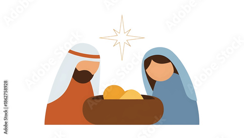 A simple illustration of a religious nativity scene. Features two figures observing a manger containing objects beneath a star. The scene is presented in a basic, colorful style on a white background