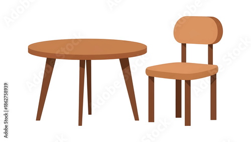 A simple illustration of a round table with three legs and a matching chair. The chair has a back and four legs.  The objects are brown