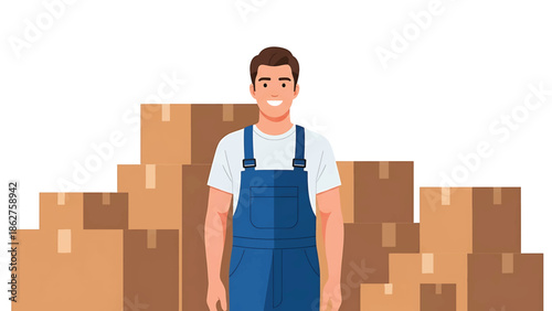 A smiling person in blue overalls stands in front of a stack of cardboard boxes. The person is light-skinned with dark hair and a white t-shirt