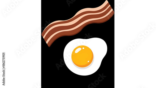A simple illustration of breakfast staples featuring a strip of cured meat and a sunny-side-up, single-egg dish. The background is black