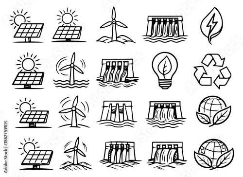 Hand drawn line art renewable energy set featuring solar panels, wind turbines, hydroelectric dams, and eco symbols for environmental sustainability