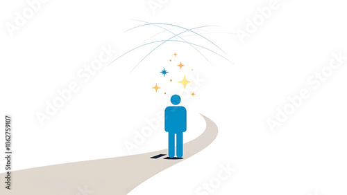 A simple illustration depicts a blue figure standing on a path, with a sparkling light above it. This symbolizes progress and achievement