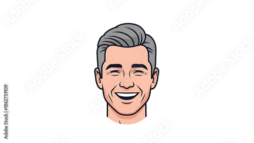 A smiling portrait of a male face. The face is stylized with gray hair, closed eyes, and a broad, happy smile. The neck and shoulders are also visible