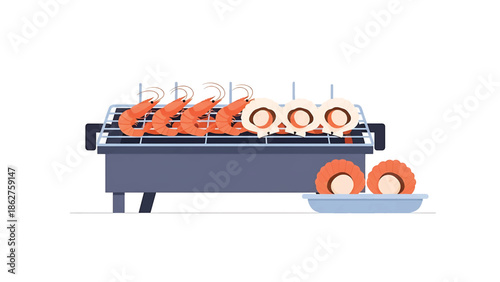 A simple illustration of grilling seafood, including shrimp and scallops, on a barbecue grill. Additional scallops sit on a plate