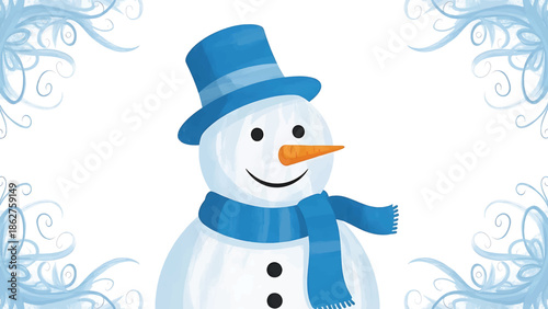 A smiling snowman with a blue hat, scarf, and buttons on a white background, framed with decorative, flowing, icy-blue swirls