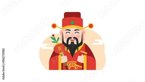 A smiling, traditionally-dressed figure in red holding a lantern with Chinese characters. A beard and hat with adornments complete the image