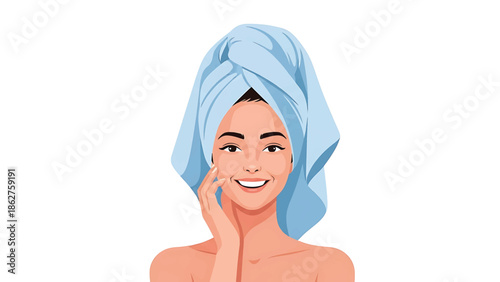 A smiling woman, her face gently touched, is framed by a light blue towel, suggesting post-bath or spa relaxation. The image has a clean, minimalist design