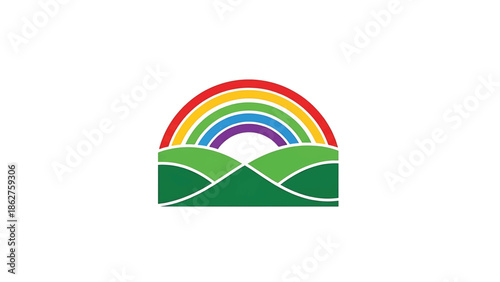 A simple illustration shows a colorful rainbow arching over stylized green rolling hills. The background is pure white
