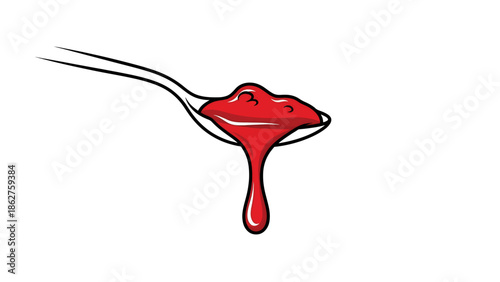 A simple illustration shows a spoon holding a red, viscous liquid. The liquid is dripping from the spoon in a teardrop shape
