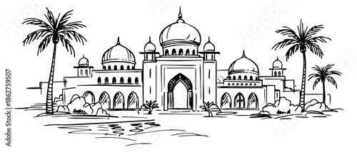 Hand drawn illustration of a middle eastern palace depicting traditional architecture for cultural travel