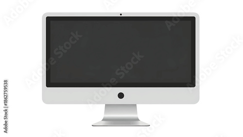 A sleek, modern computer monitor featuring a vibrant black screen, a webcam, and a metallic silver stand against a pure white background