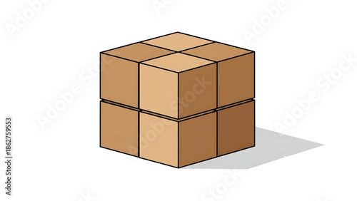 A simple, isometric representation of a cube made from smaller cube-shaped blocks, casting a faint shadow on a white background