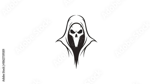 A simple, stark line drawing of a hooded skull, evoking mystery and the macabre, set against a pristine white background
