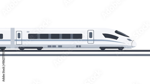 A sleek, modern passenger vehicle depicted in profile, speeding along a track. The train has a white body, dark windows and a streamlined design