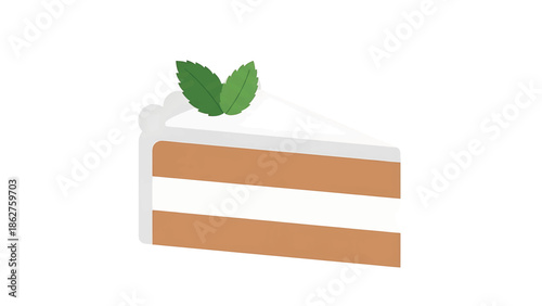 A simple illustration of a slice of layered cake topped with a mint sprig, set against a stark white backdrop