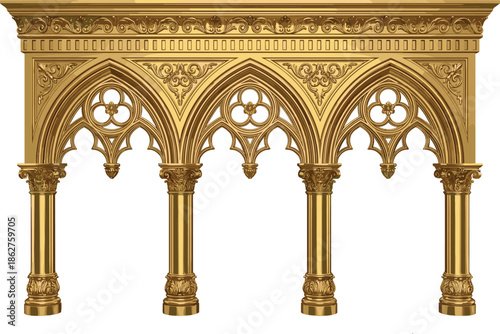 Golden Gothic Archway Illustration Showing Ornate Columns, Decorative Arches, and Classical Architectural Details for Luxury, Historical, and Religious Design Concepts