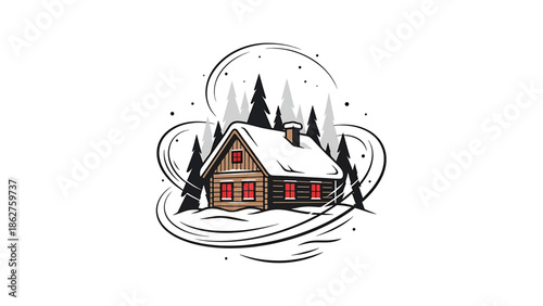 A simple illustration of a snow-covered cabin in the woods, with stylized wind swirls and dark evergreen trees. The windows glow red