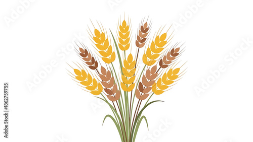 A simple, symmetrical illustration of a sheaf of wheat with various shades of brown and yellow grains, green leaves, and stalks