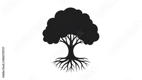 A simple, symmetrical illustration showcasing a tree in silhouette. The dark tree features a full canopy, sturdy trunk, and detailed roots