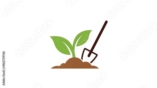 A simple illustration of a sprouting plant with green leaves, brown soil, and a garden fork on a white background
